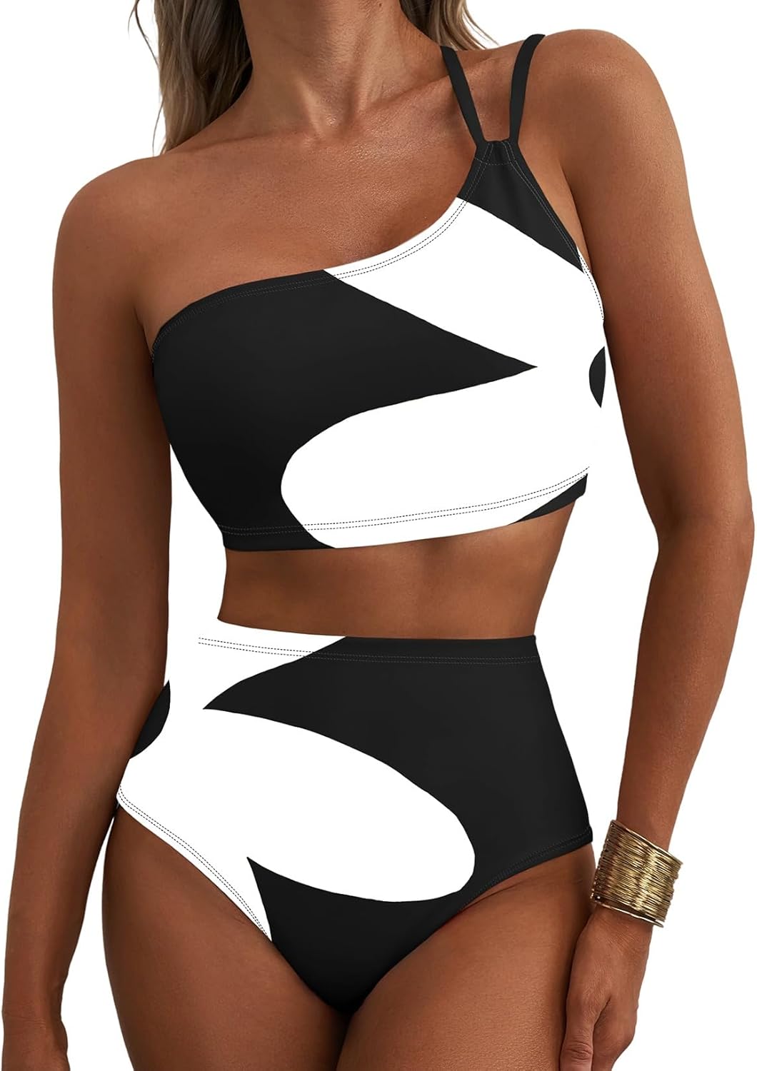Herseas Women's High Waisted Bikini Sets One Shoulder Floral Print Swimsuits 2 piece Tummy Control Bathing Suits