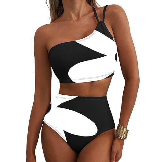 Herseas Women's High Waisted Bikini Sets One Shoulder Floral Print Swimsuits 2 Piece Tummy Control Bathing Suits