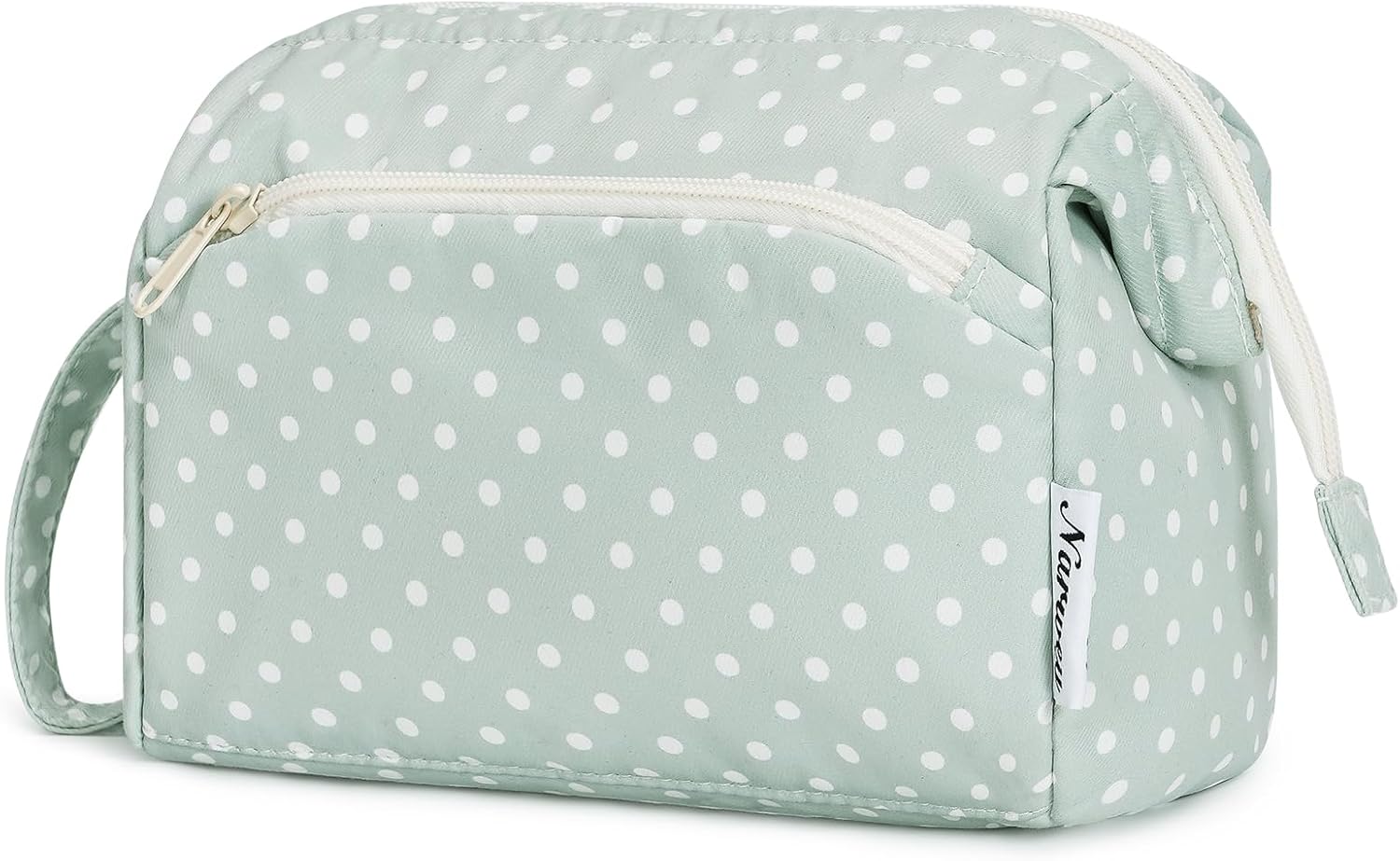 Narwey Trousse de maquillage de voyage avec grande poche ouverte pour femme, Vert menthe à pois