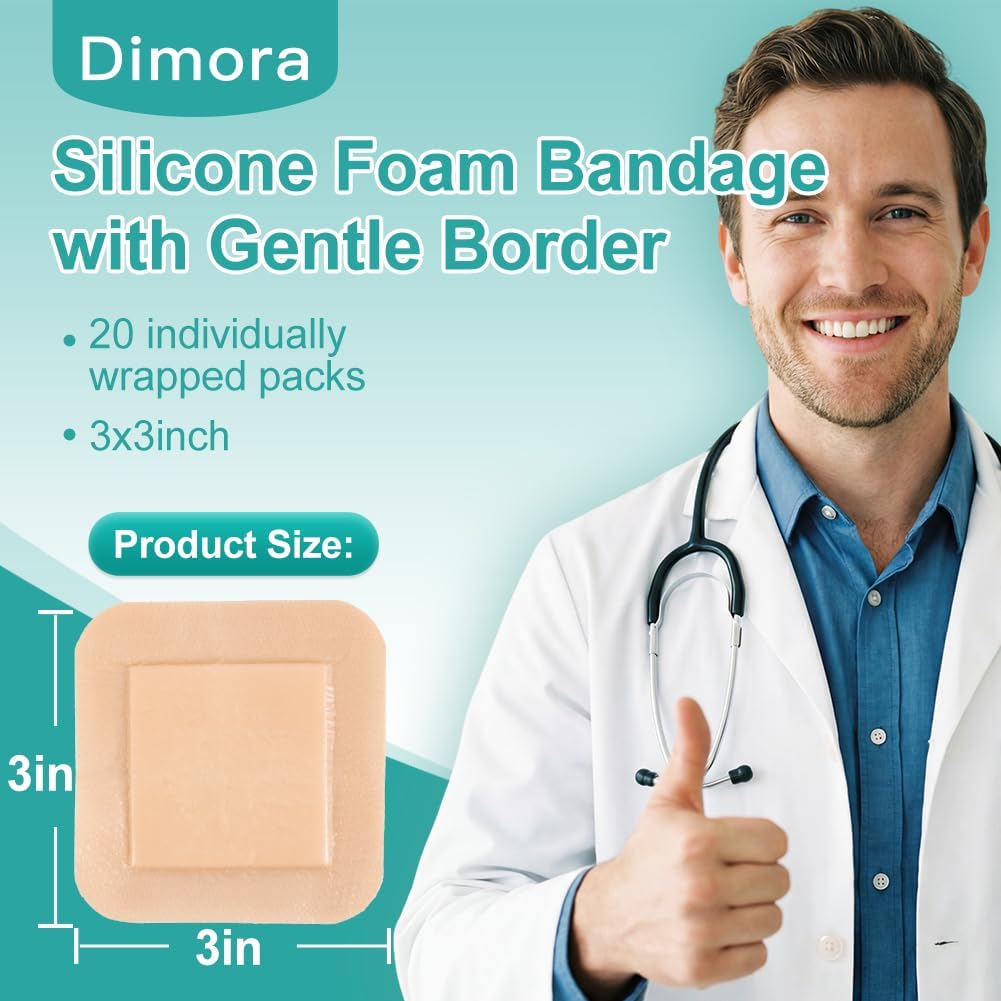 Dimora Silicone Foam Dressing 3x3 inch with Border 20 Pack, Wound Bandage, Gentle Adhesive Waterproof Pads for Sensitive Skin Wound Care 7.5x7.5 cm