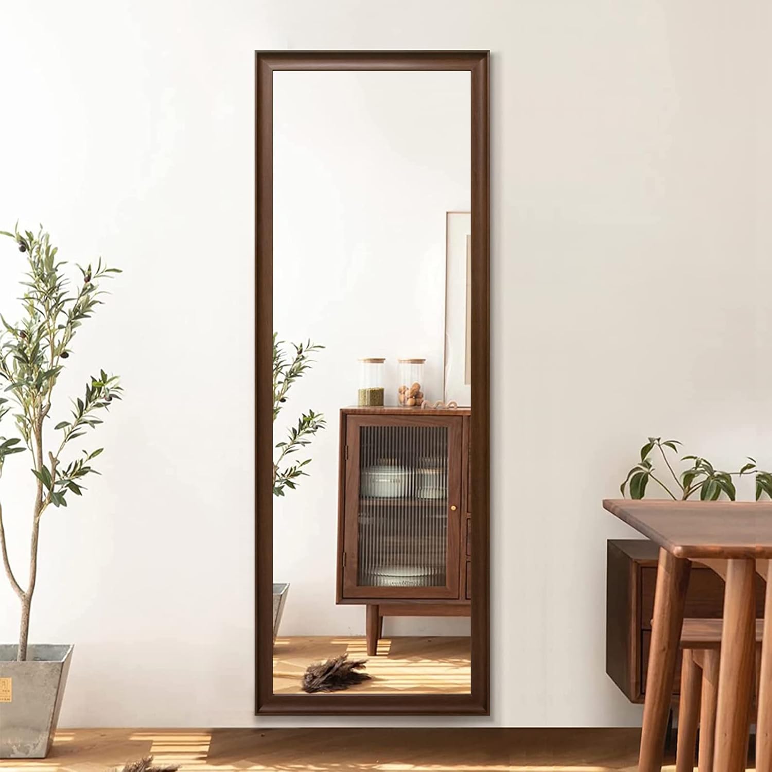 Full Length Mirror Wood Frame, 65x22in Floor Mirror Wall Full Body Mirror with Standing, Leaning Hanging for Bedroom,Living Room, Large Wooden Frame, Walnut