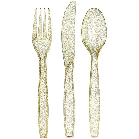 Prestee 180-Piece Gold Plastic Cutlery Set with Glitters