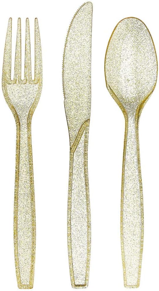 Prestee 180 Gold Plastic Silverware Cutlery Set, Glitter Gold Utensils, Plastic
