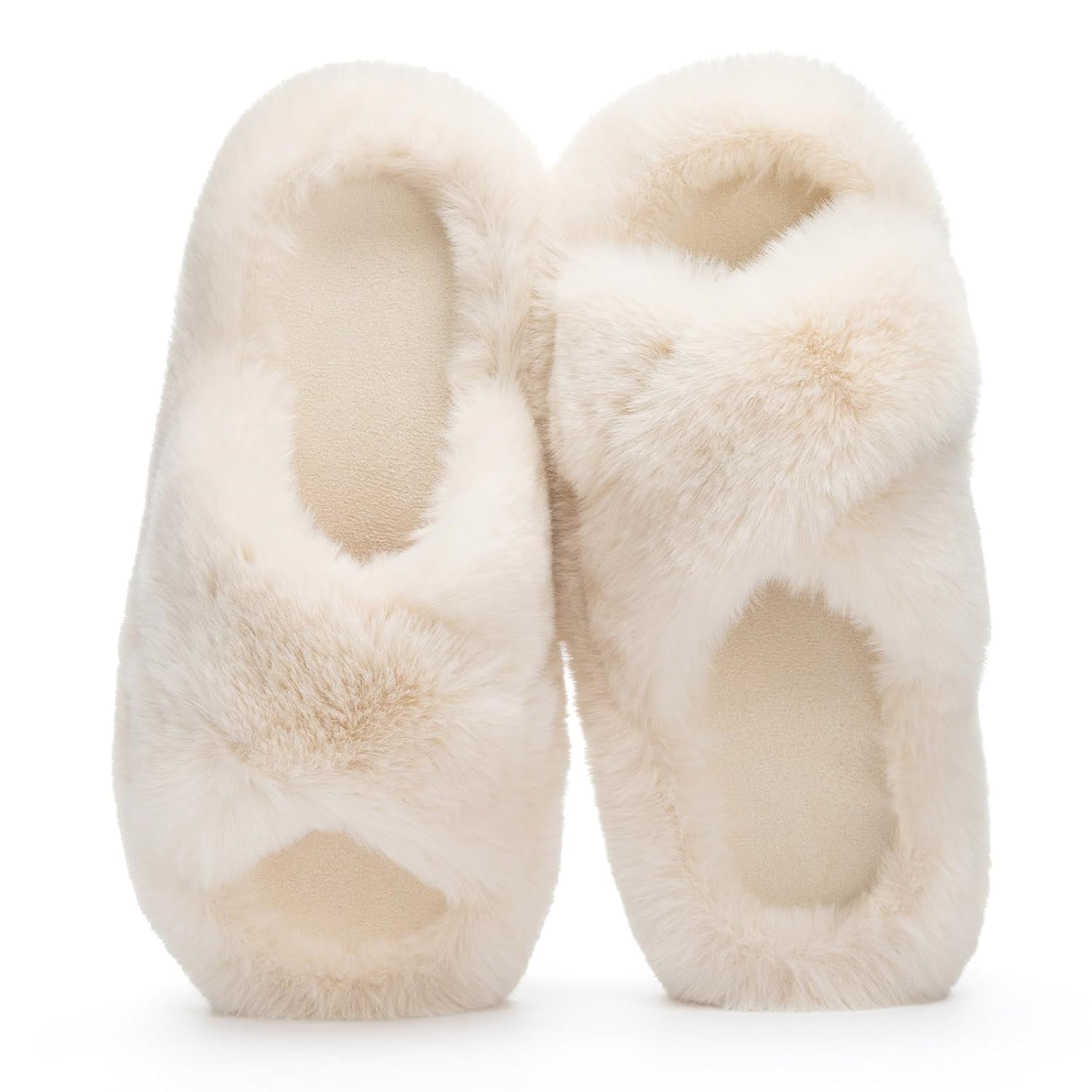 Womens Fuzzy Slippers Cross Band Memory Foam House Slippers Open Toe