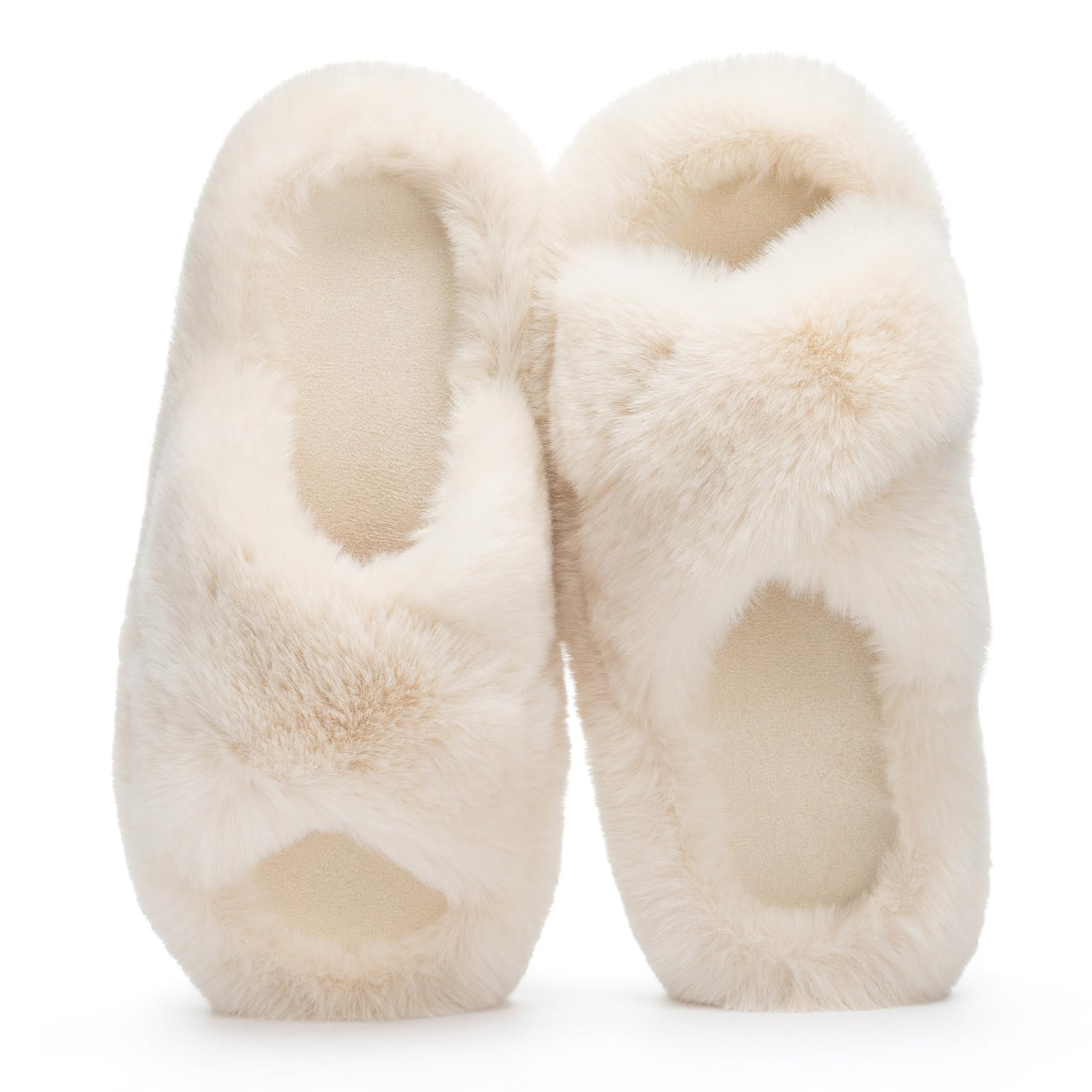 Womens Fuzzy Slippers Cross Band Memory Foam House Slippers Open Toe