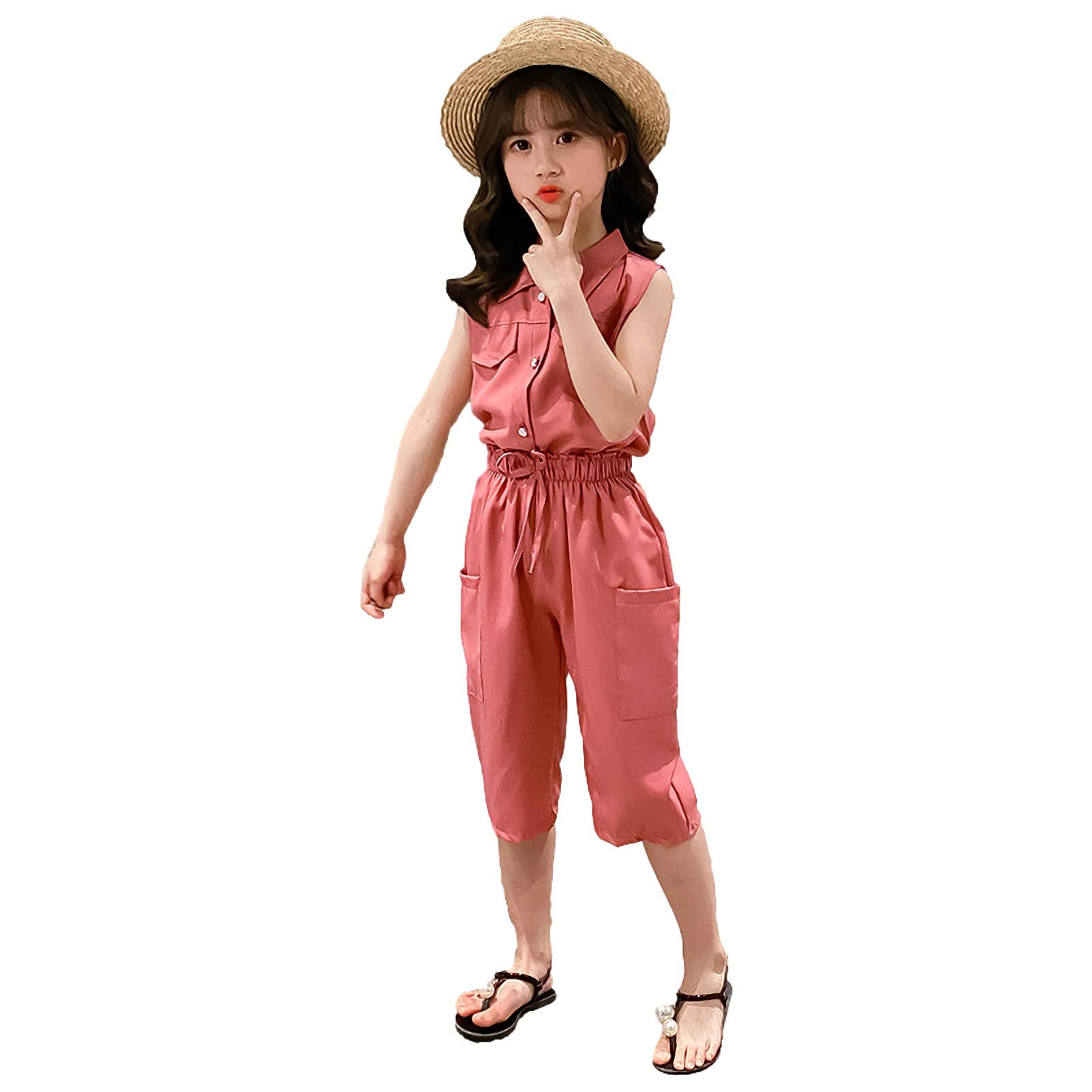 amropi Niña Verano Botones Blusa de Sin Mangas y Medio Pantalones 2 Piezas Conjunto de Ropa para 3-12 años