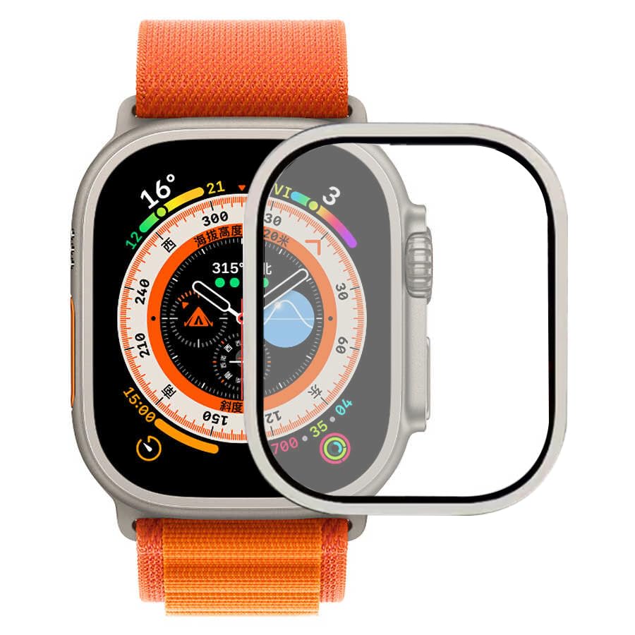 Zore Apple ile uyumlu Watch Ultra 49mm ALM-02 Metal Çerçeveli Ekran Koruyucu Gümüş