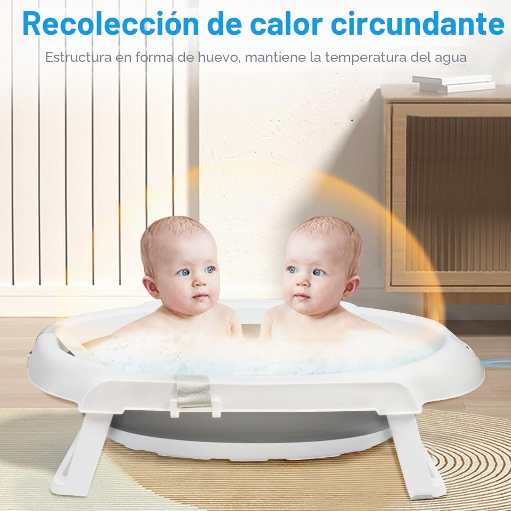 Bañera para bebé con soporte de 84,5 cm, bañera de bebe sobre pie, segura y cómoda, cuenca plegable para bebe con termómetro y cojín de baño (63 x 60 x 84,5 cm, gris)
