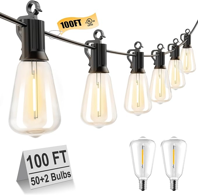 Brightown Outdoor String Lights 100FT Patio Outside Hanging Lights with 52 Shatterproof ST38 Dimmable Vintage Waterproof Edison Bulbs for Backyard Deck Garden Party Xmas Decor, 2700K