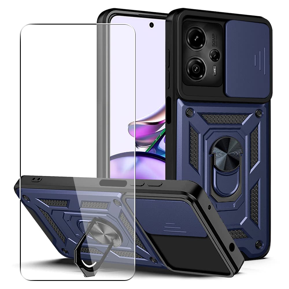 KZIOACSH Cover Compatibile con Motorola Moto G53/G13/G23 + Vetro Temperato[3 Pack],con Slot per Schede e Copertura per Lente Fotocamera Scorrevole,360°Rotante Anello Supporto,Nero
