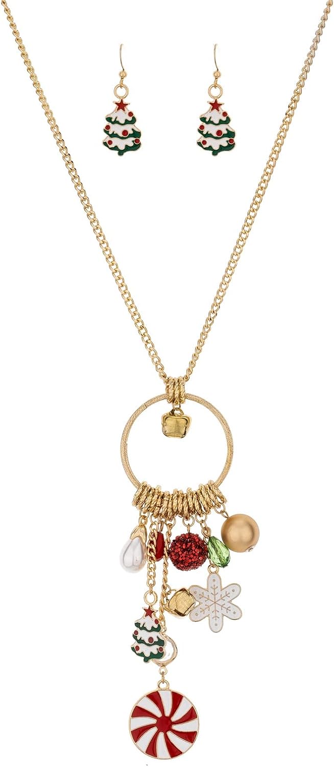 Madison Tyler Christmas Charm Jewelry Set for Women | Statement Christmas Snowball Snowman Snowflake | Bells Necklace | Dangle Silver Snowflake Earrings | Xmas Holiday Necklaces Gifts for Girls