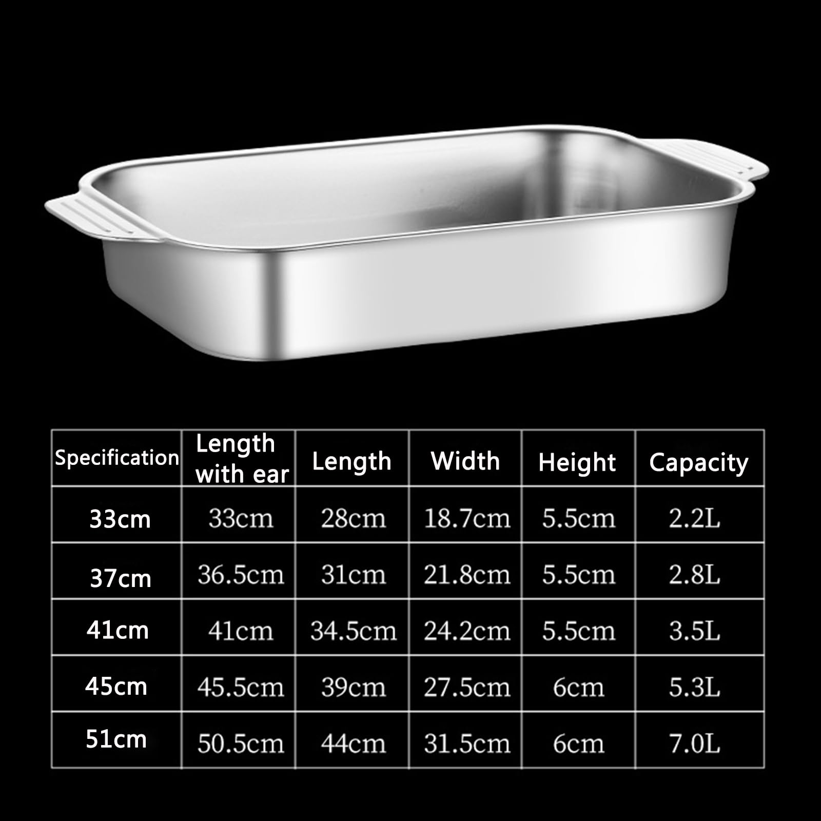 Bandeja rectangular de acero inoxidable para lasaña, 5 tamaños, bandeja profunda para hornear pasteles, galletas, plato de comida para hornear panes, pavo, pescado, verduras (45 cm, poco profunda)