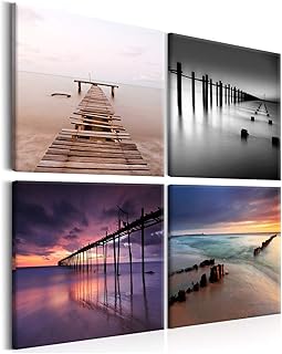 decomonkey Quadro Stampa su Tela moderno Paesaggio Mare Set di 4 pezzi 20x20 cm Murale Fotografia Immagini Decorazione da parete Grafica Natura Spiaggia Molo Tramonto Cielo sepia