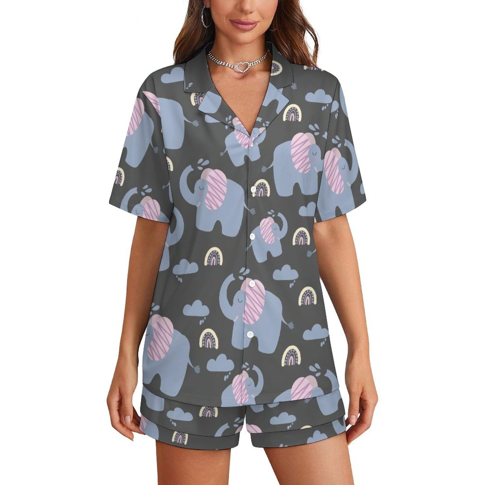 SMAZDFXX Cute Cartoon Elephant Pattern Women's Pajamas Sets Short Sleepwear V Neck Loungewear