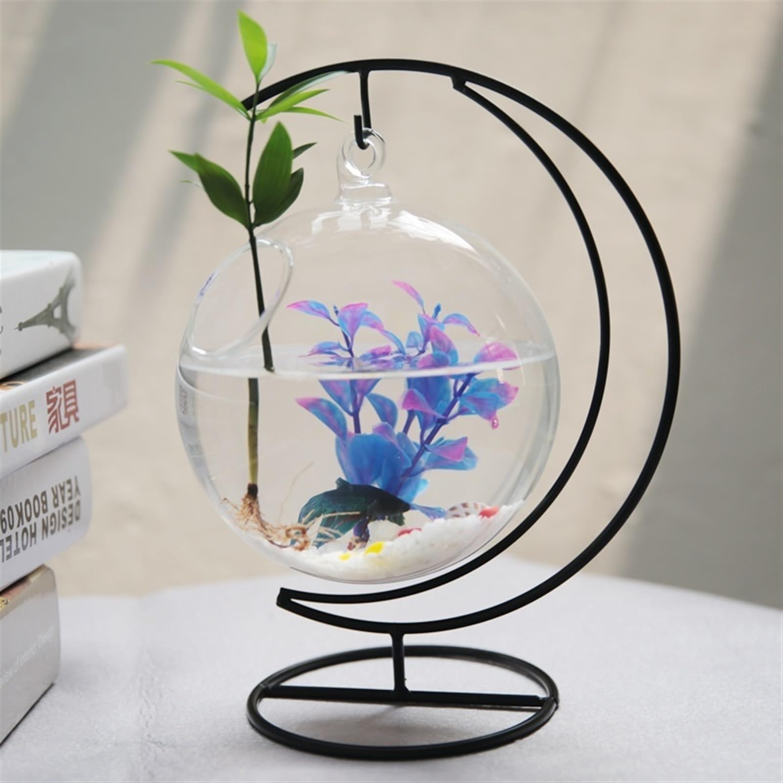 Aquarium Dekoratives Aquarium for den Schreibtisch, for Aufhängen, rundes Aquarium aus klarem Glas mit gebogenem Rahmen aus schwarzem Metall Fischtank