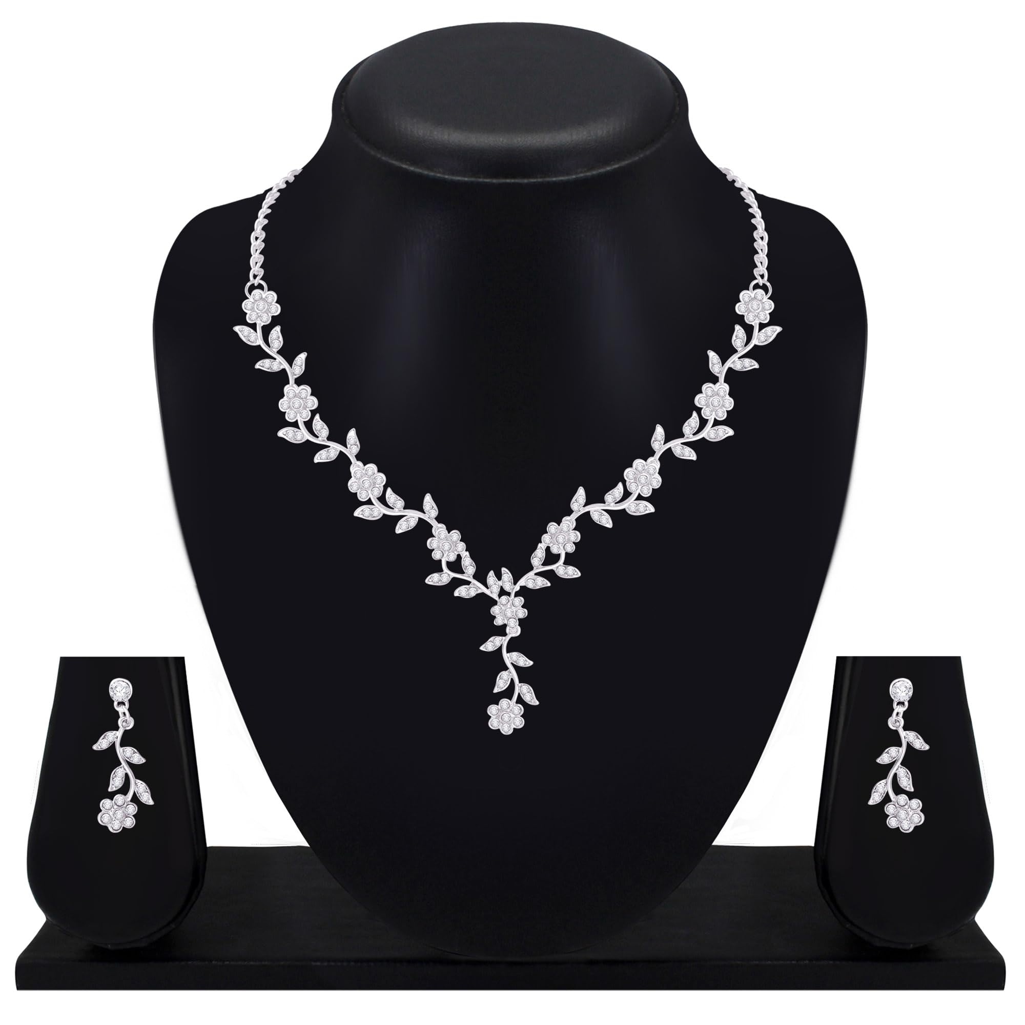 Atasi International American Diamond Style Silver Plated White Crystals Necklace with Earrings Jewellery Set for Women Suited for Party, Wedding, Engagement (R5959) 2
