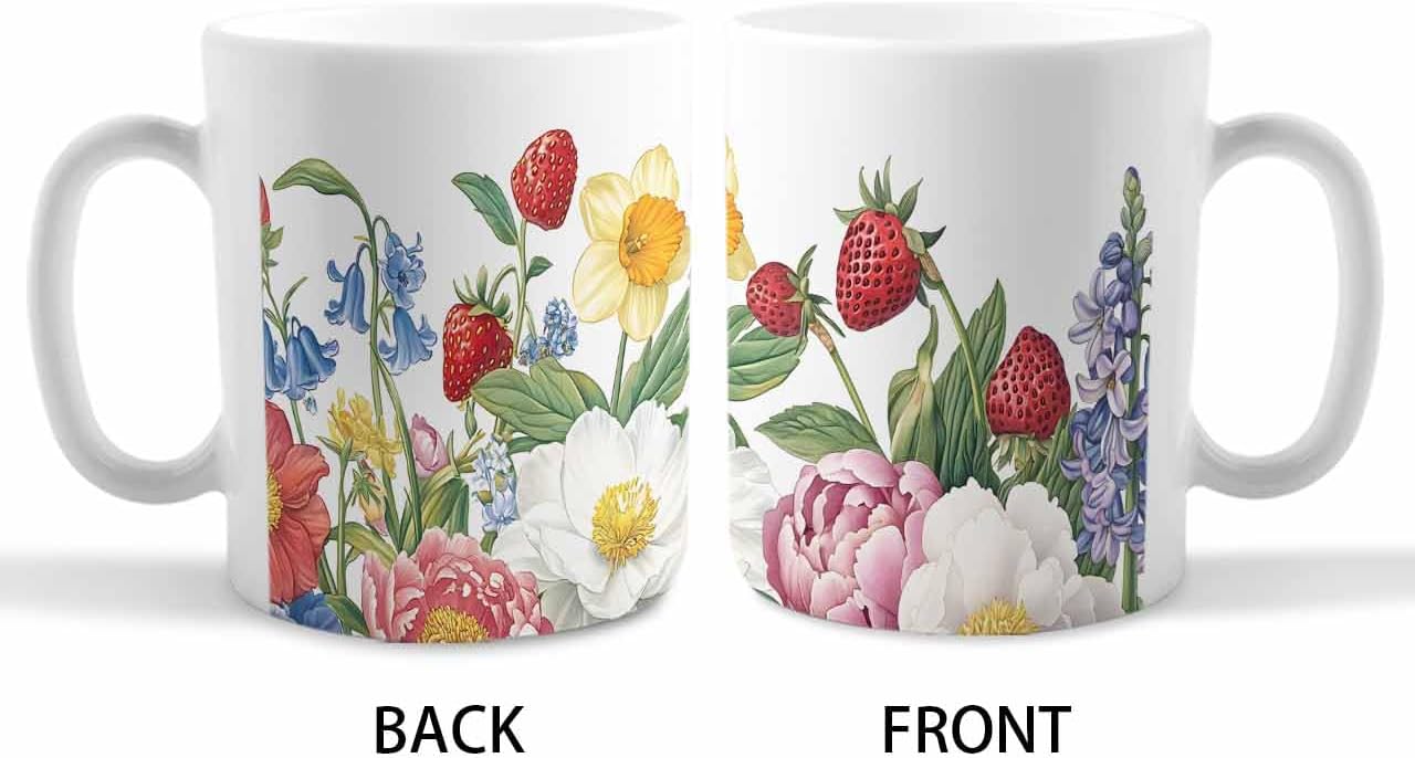 BEMIGO Ceramic Coffee Mug Spring Strawberry Ceramic Mug White Cup, Peony Flower Insulated Coffee Cup with Handle with Pattern Perfect for Tea and Hot Beverages, 12oz