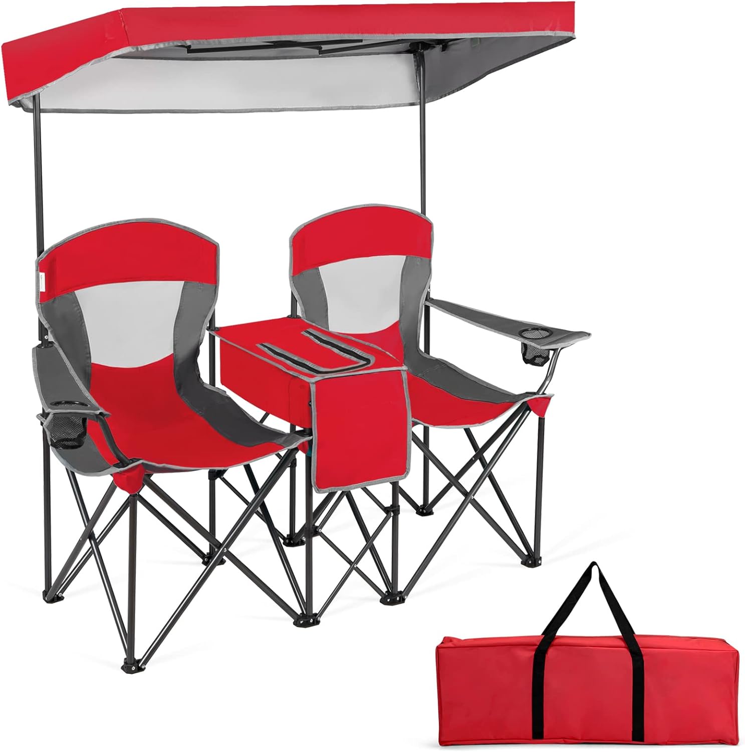 Tangkula Loveseat Camping Chair with Adjustable Shade Canopy, Portable Beach Chair with Cooler Bag, 2 Cup Holders, Carrying Bag, Foldable Double Lawn Chair for Travel, Fishing, Picnic (Red)