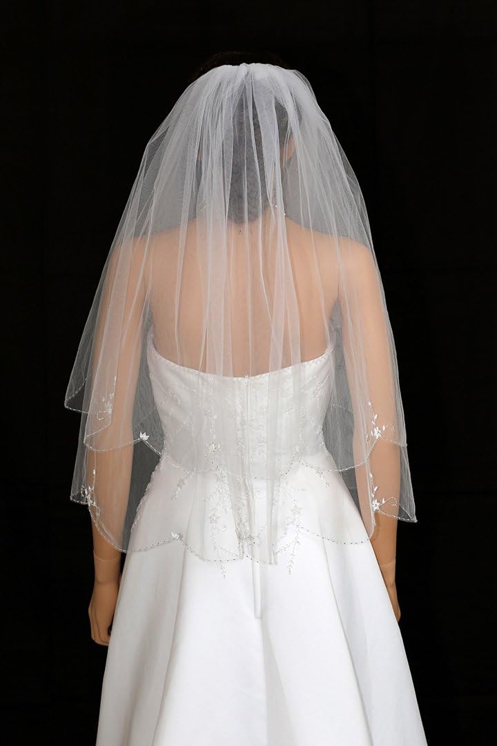 SAMKY 2T 2 Tier Floral Pattern Beaded Scalloped Edge Bridal Veil