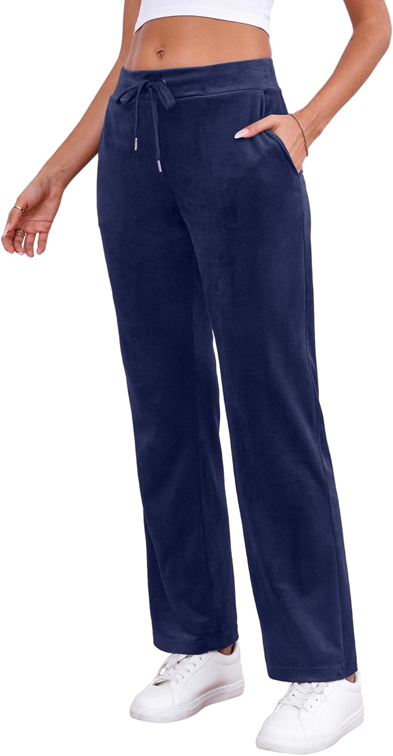 Velour Pants for Women, Straight Leg Womens Velour Sweatpants, Velvet Wide Leg Lounge Pants for Women with Pockets - Image 2