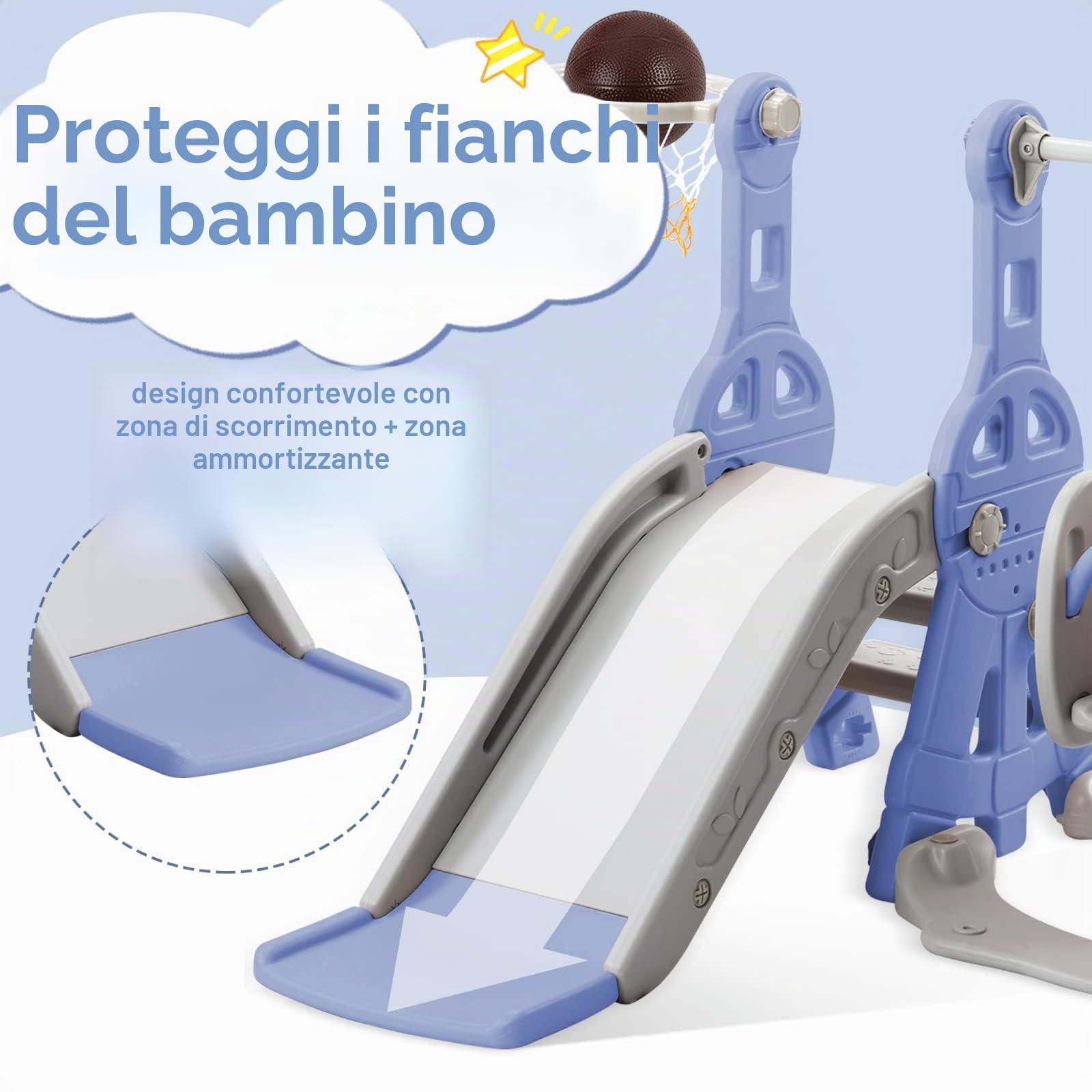 Scivolo a dondolo 4 in 1 per bambini, altalena con scivolo, con supporto da basket, scala (blu)