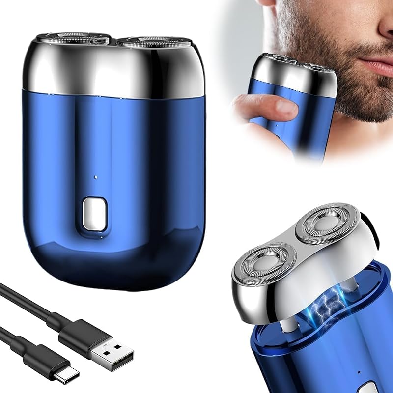 Barbeador elétrico portátil Aimery com duas cabeças, recarregável via USB, lavável e impermeável, azul