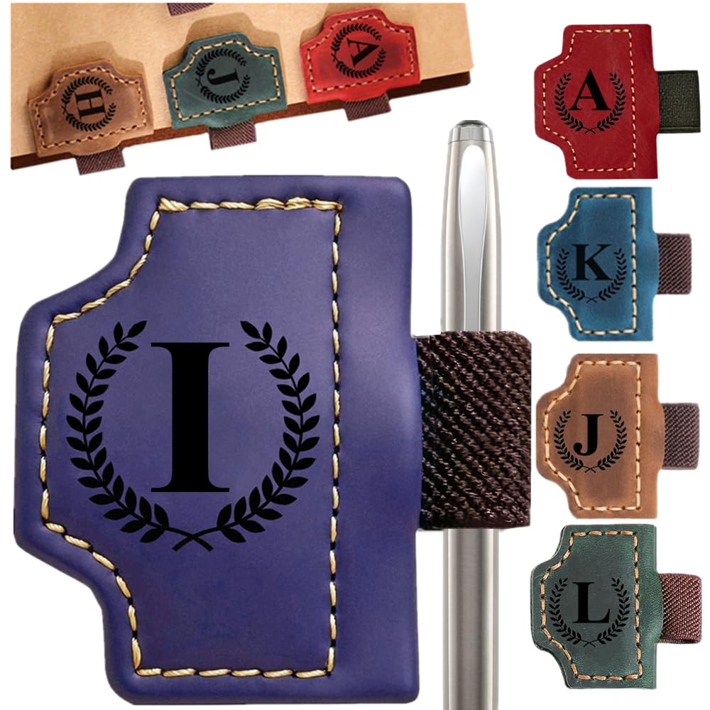 Custom Bookmark with Pen Holder with 26 Letters Personalized Magnetic Leather Book Mark, Customized Name Book Marker Clip with Initial for Men Women, Gifts for Book Lovers, Readers, (Purple, I)