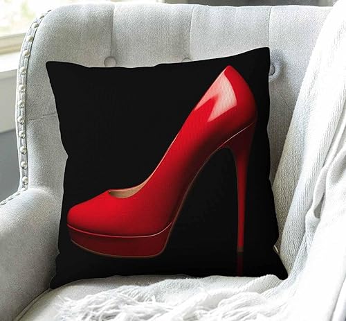 Miniatura 3 de Swono Funda de almohada de lino de arpillera de algodón negro con tacones altos rojos para sofá, decoración al aire libre, cuadrada, 18 x 18 pulgadas