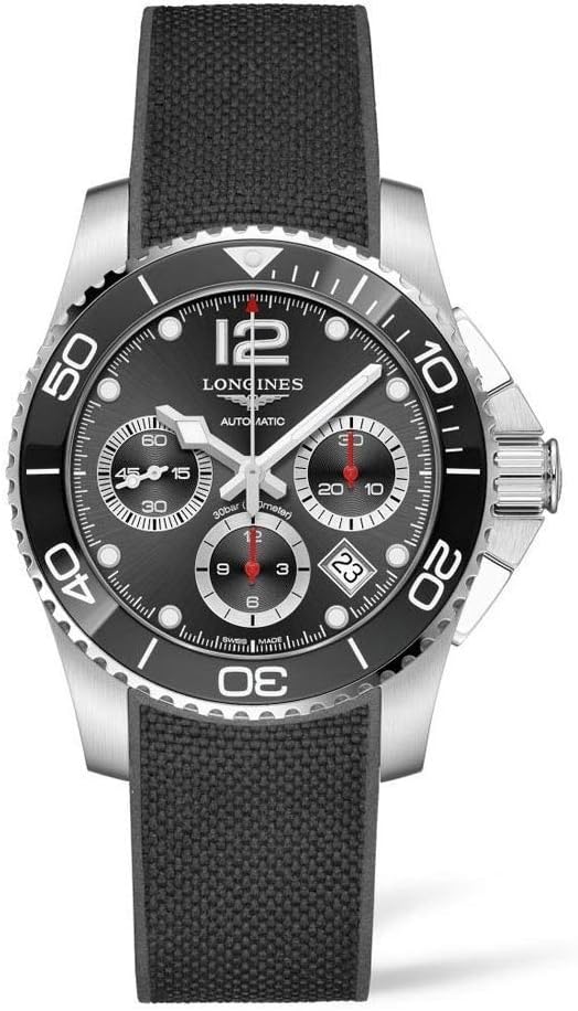 Longines HydroConquest Automatic Chronograph Stainless Steel Black Rubber Strap Black Dial Date Divers Mens Watch L3.783.4.56.9