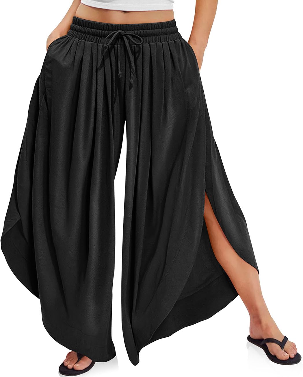 TARSE Womens Linen Wide Leg Split Skirt Pants Boho Loose Palazzo with Elastic Waist Drawstring 2025 Beach Vacation