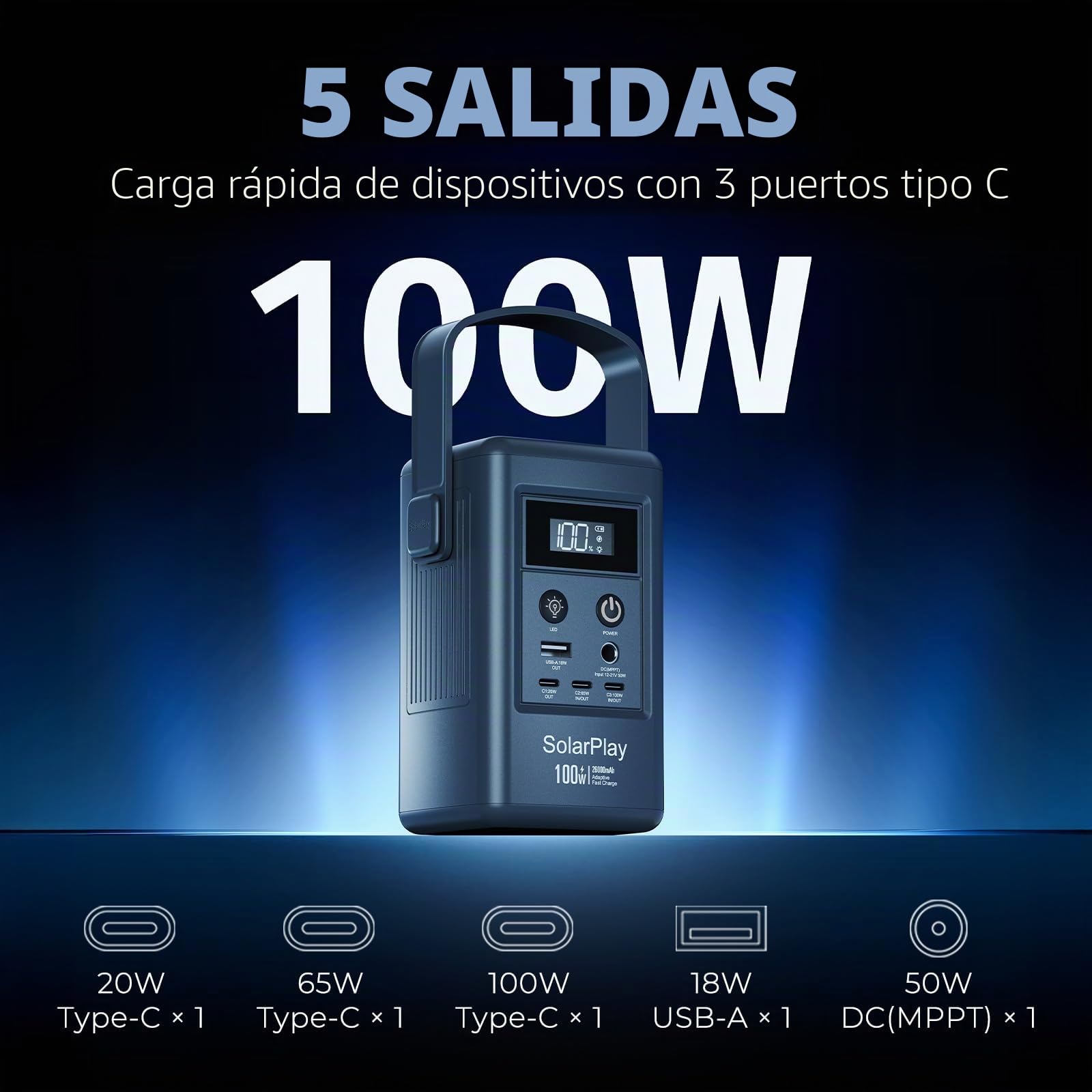 SolarPlay Q100 Generador de Energía con Carga Rápida 100W,Estación de Energía Portátil 96.2Wh/2600mAh,4 Puertos (3×USB-C & 1×USB-A), Entrada Solar 50W, Power Bank para Portátil, Acampada