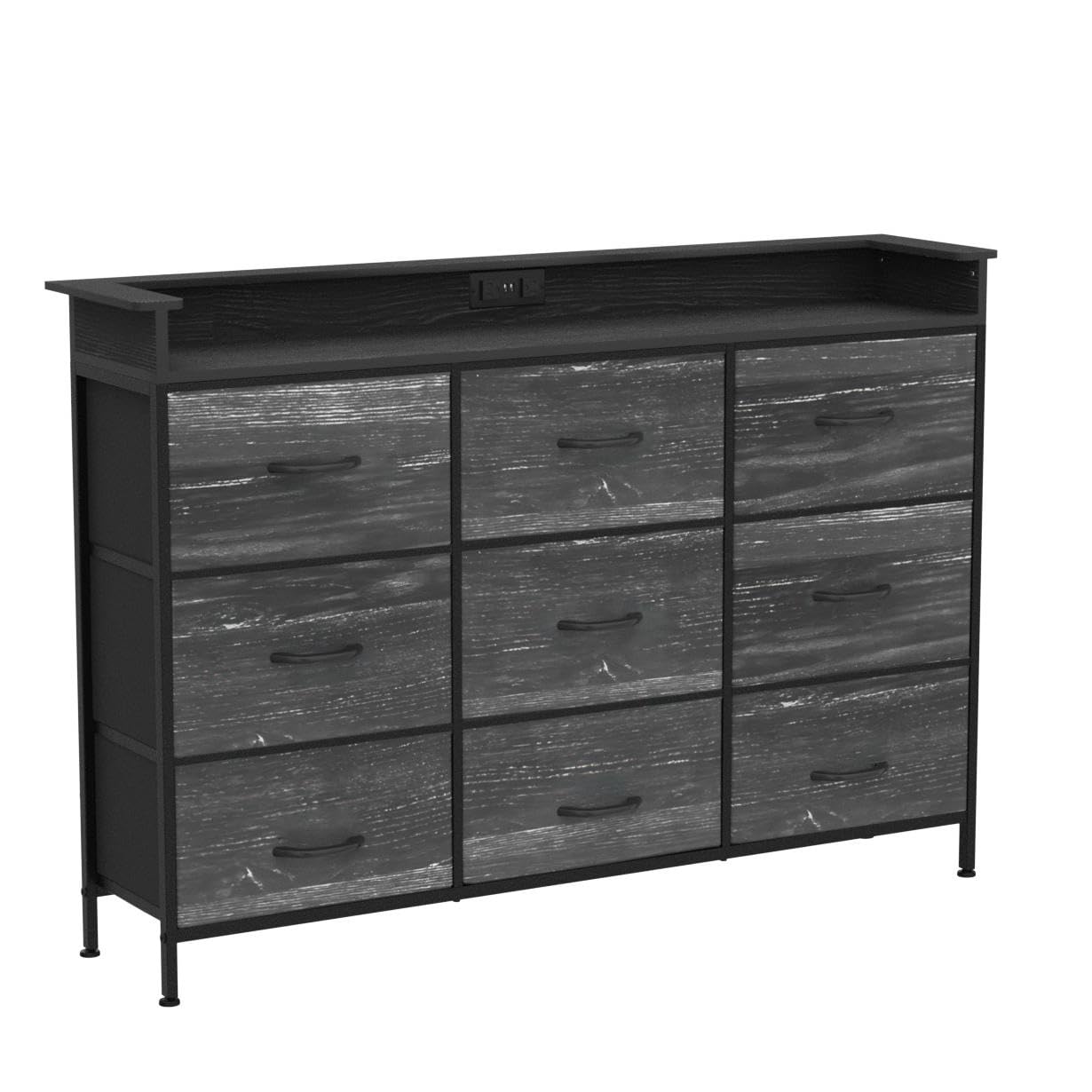 EXOTICA Black Dresser with Charging Station 9 Drawers Dresser with LED Light and USB Ports Fabric Dressers for Bedroom Hallway Entryway Closets Sturdy Steel Frame Wood Top