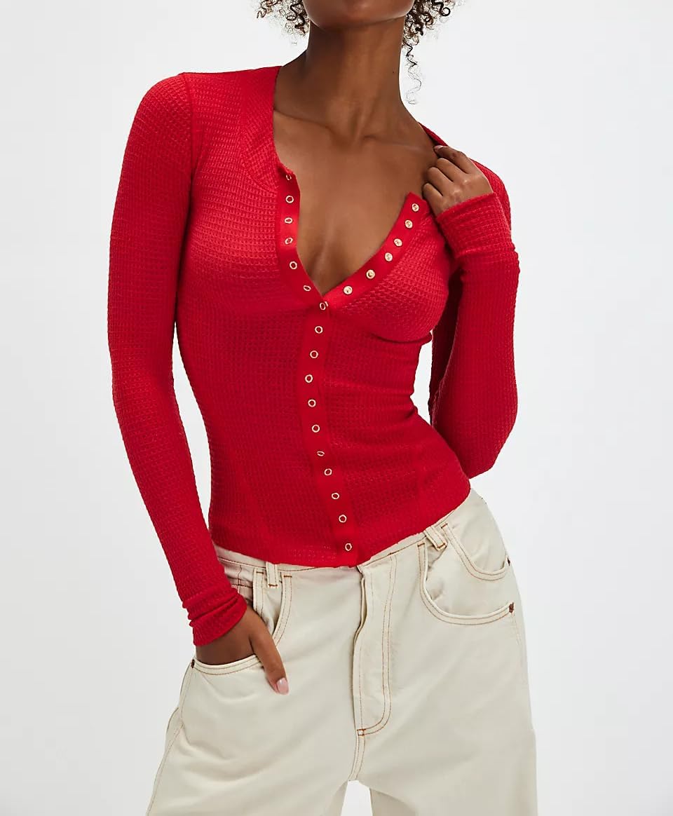 Womens Button Front Closure Fitted Stretchy Long Sleeve Waffle Cardigan Shirts Y2k Going Out Cute Crop Tops - Image 3