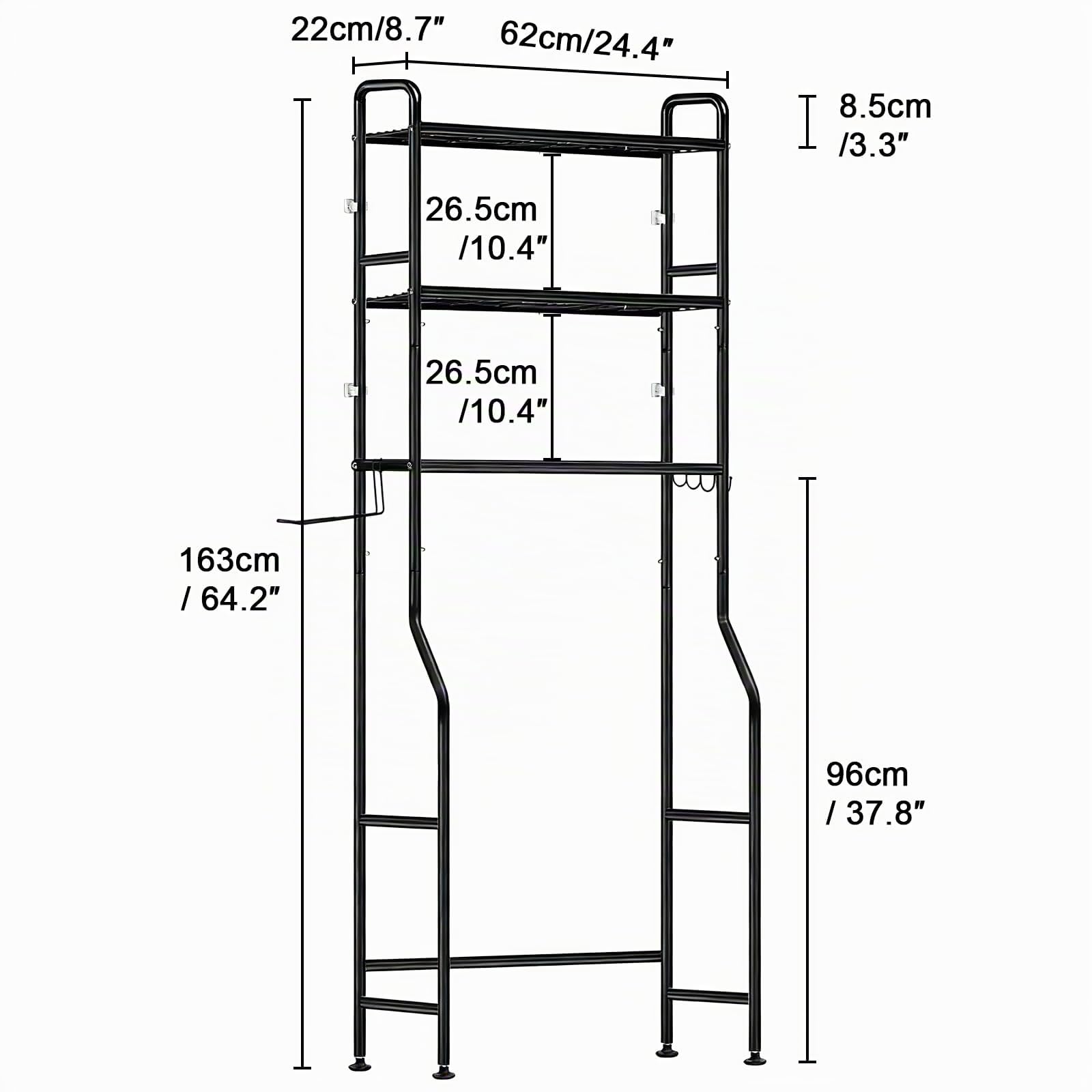 Étagère pour machine à laver, étagère WC sur machine à laver, armoire de toilettes, 3 étagères, porte-serviettes, 62 x 163 x 22 cm, noire