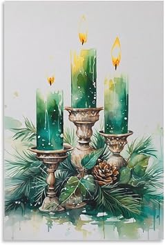 LohxA Poster De Noel Charmant Aux Couleurs Vert Et Or, Avec Des Bougies - TELECHARGEABLE - Illustration D Canvas Wall Art Print Poster For Home School Office Decor 12x18inch30x45cm