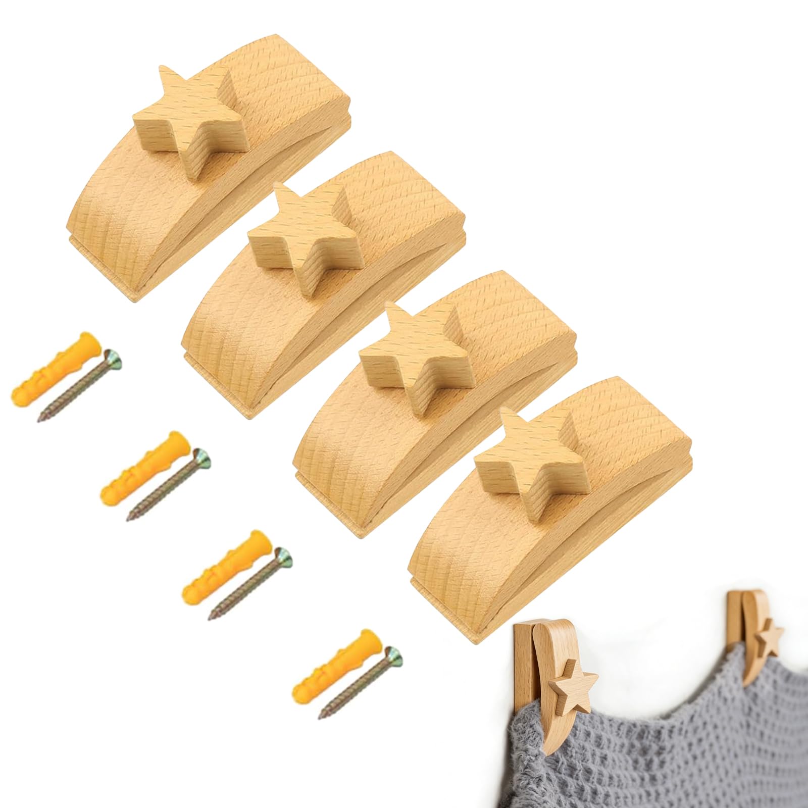 4 Pack Quilt Hangers for Wall for Display, Blanket Hanger Clamps, Wooden Wall Clips for Hanging, Tapestry Hangers, Hang up and Display Quilts, Tapestries, Rugs, Fiber Art, and More(Light, Stars)