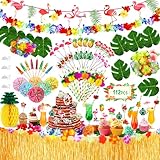 NXPZ 112 Pcs Hawaiano Luau Falda de Mesa Set de Decoración, Fiesta Hawaiana, Bandera, Flores, Hojas de Palma, Adorno de Pastel y Pajitas para Playa de Verano y Fiestas Temáticas Hawaianas
