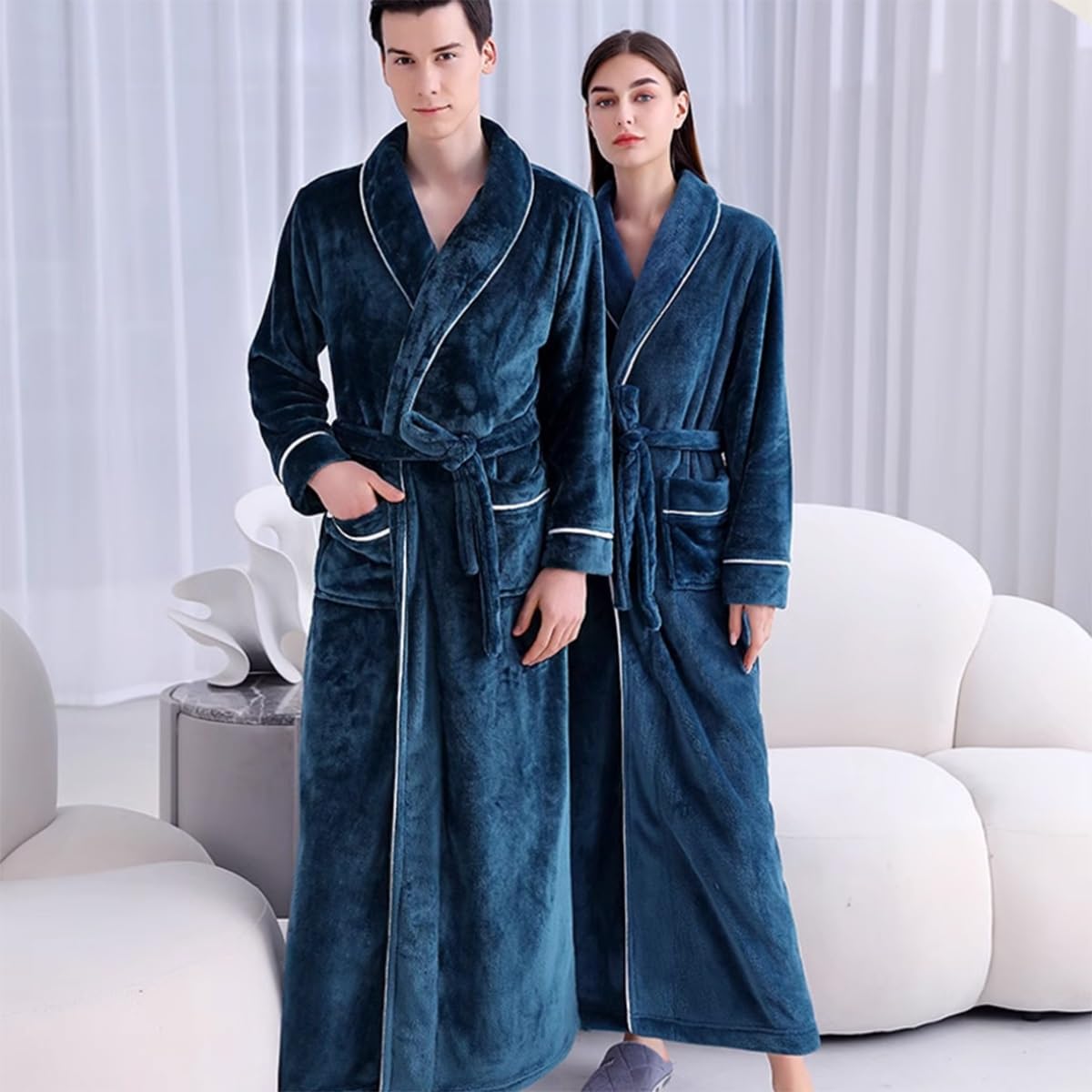 Flanelowy Szlafrok Damski Szlafroki Męskie Długa Bielizna Nocna Bielizna Nocna Z Kieszeniami Zimowa Ciepła Koszula Nocna Długa(/Green,3XL women)