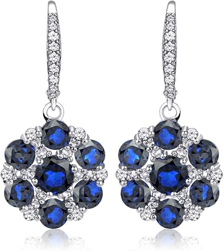 Sterling Silver Genuine or Synthetic Gemstone & White Topaz Flower Leverback Dangle Earrings for Women
