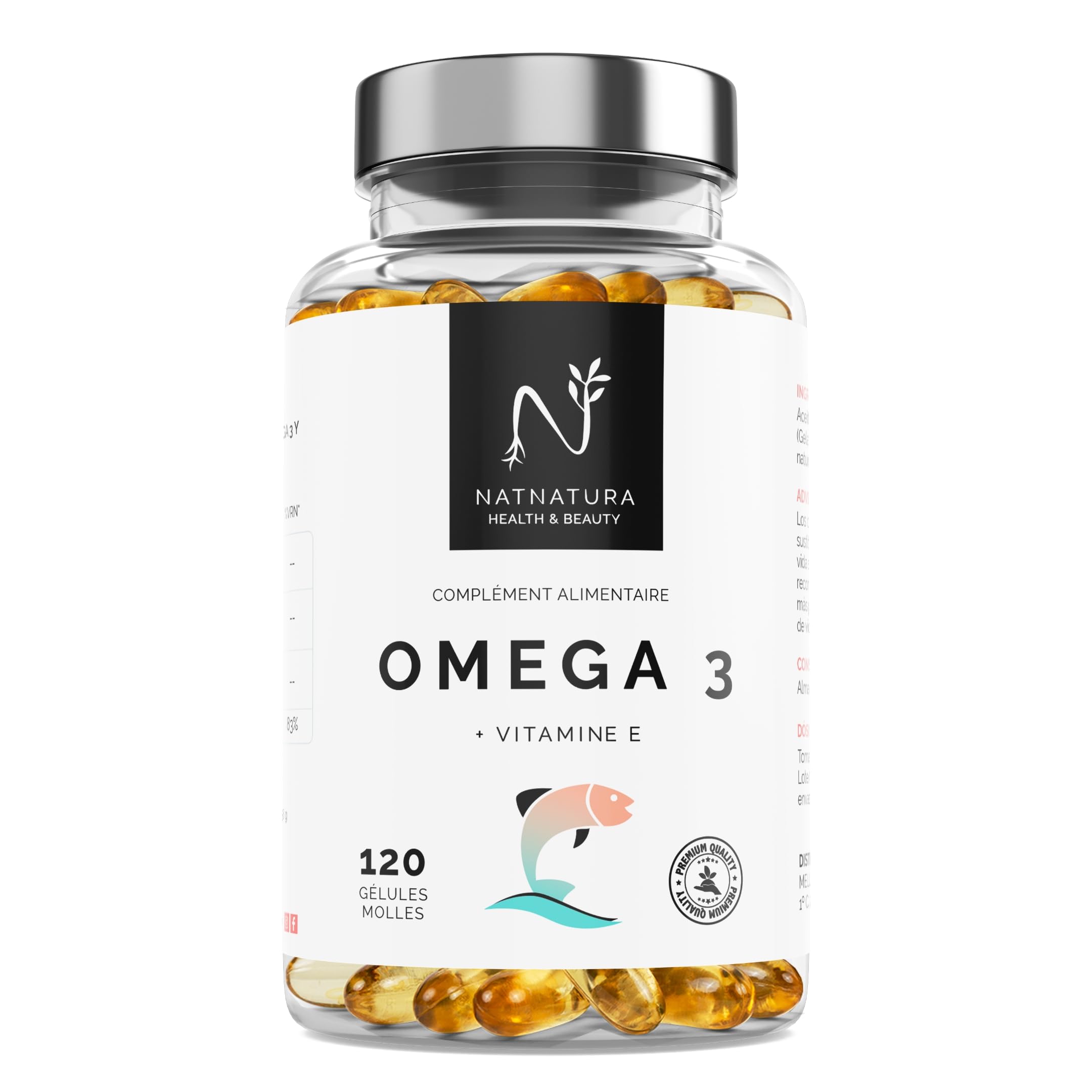 Oméga 3 concentration maximale EPA - DHA. Acides gras oméga 3 (2 000 mg) + vitamine E à base d'huile de poisson sauvage. 120 perles molles