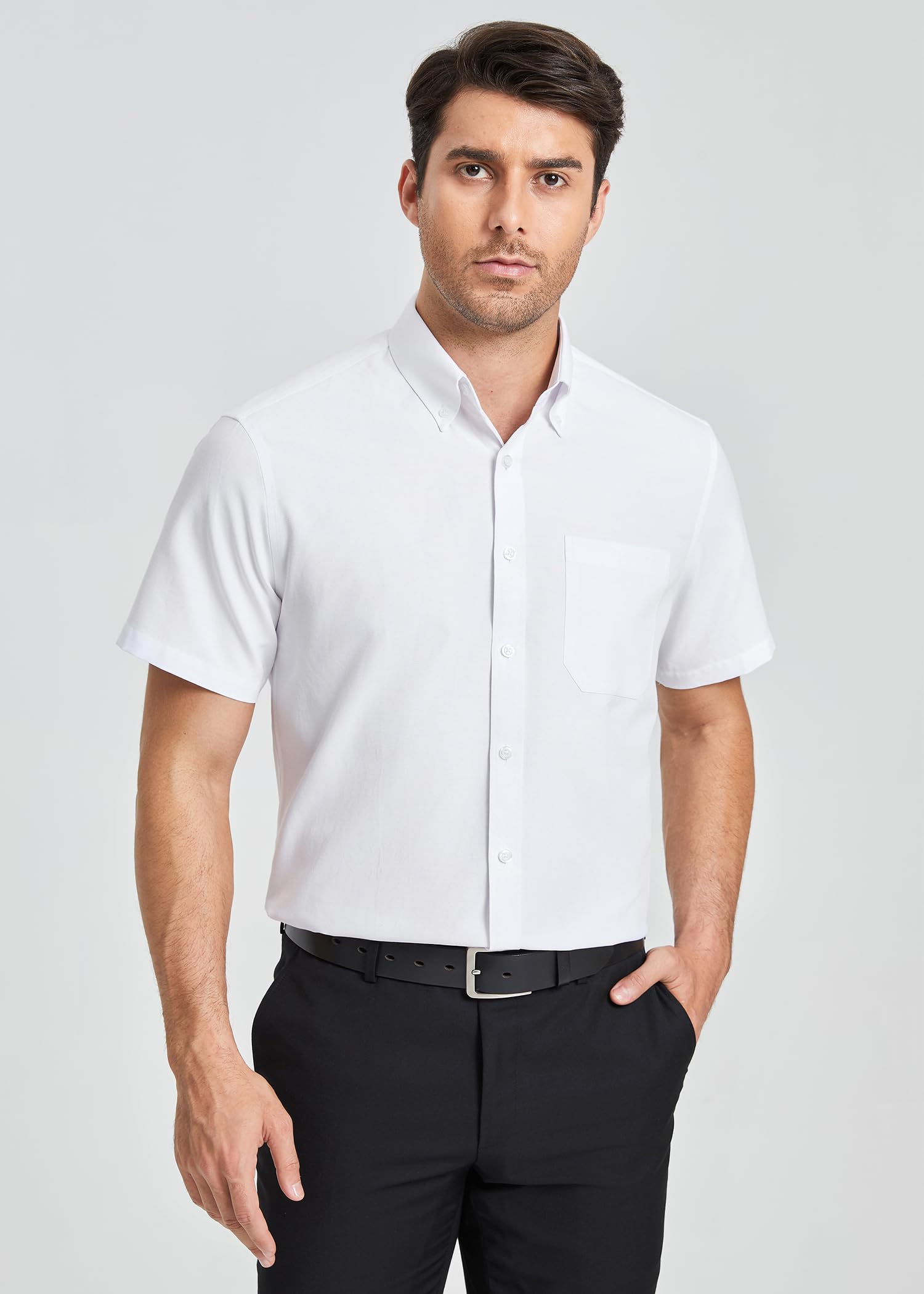 HISDERN Chemise Oxford À Manches Courtes Homme Classique Coupe Régulière Chemisette Manch Courte Uni pour Homme avec Poche