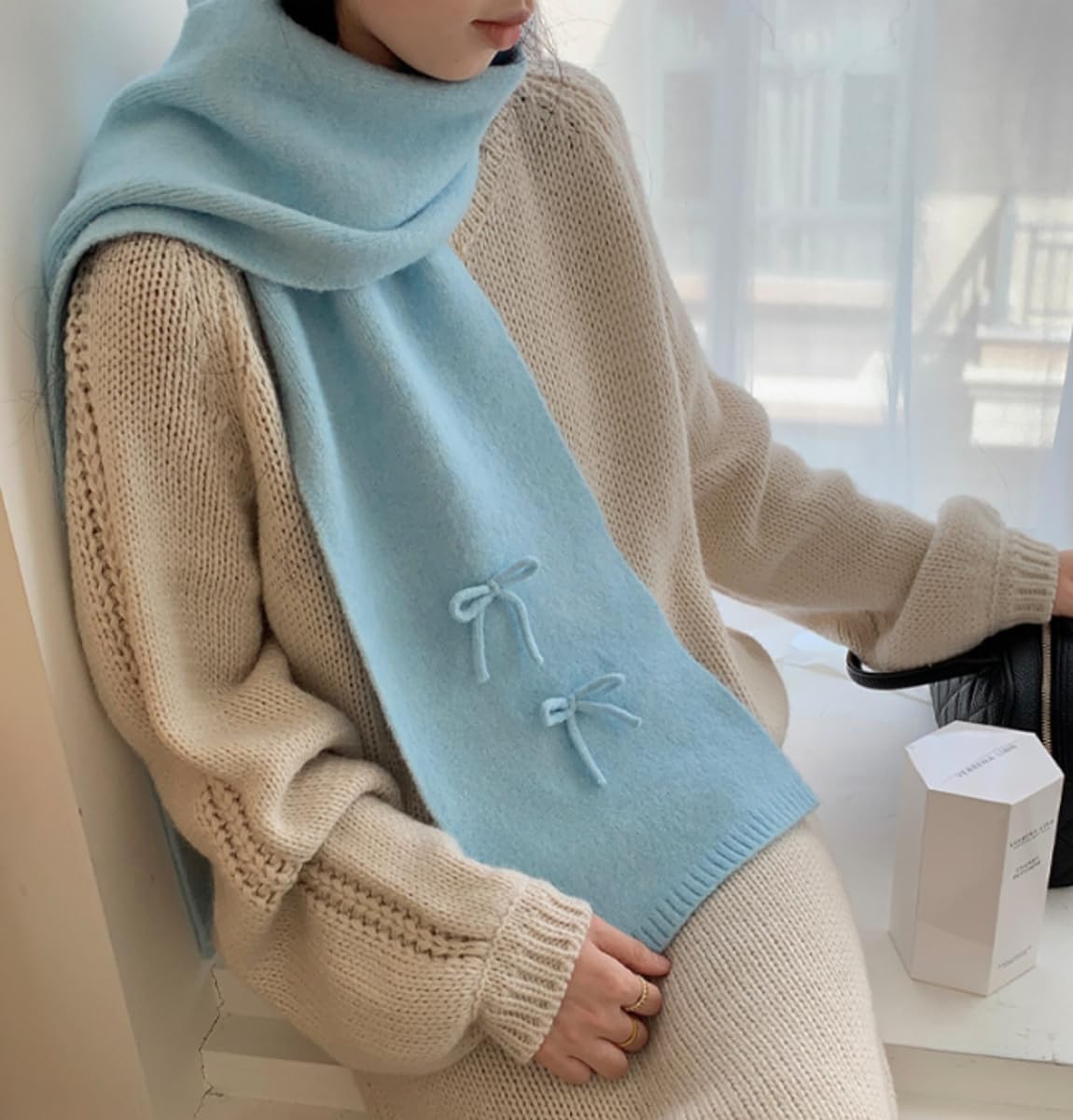 Bow Winter Scarf Women Chunky Winter Knitted Scarves Cold Weather Fashion Cashmere Pashmina Shawl Wraps Scarves - Image 3