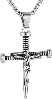 HZMAN Nail Crucifix for Men with Jesus Stainless Steel Cross Necklace 22+2Inch Chain