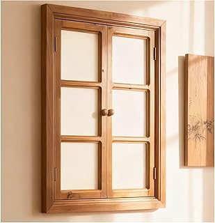 Solid Wood Casement Window, Manual Ventilation Insulating Antique Screen Partition Window, Home Decor 180° Sliding Windows for Living Room(Brown)