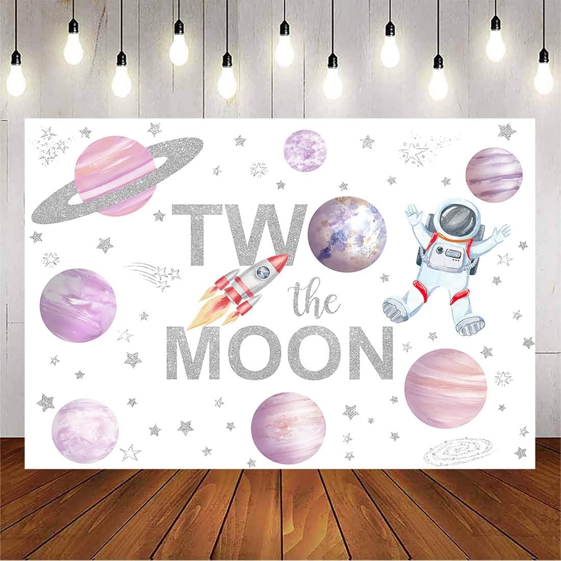 Avezano Two The Moon Birthday Backdrop for Girl Outer Space Astronaut Theme 2nd Birthday Backdrop Planet Galaxy Photo Background Kids Birthday Party Decoration (8x6ft)