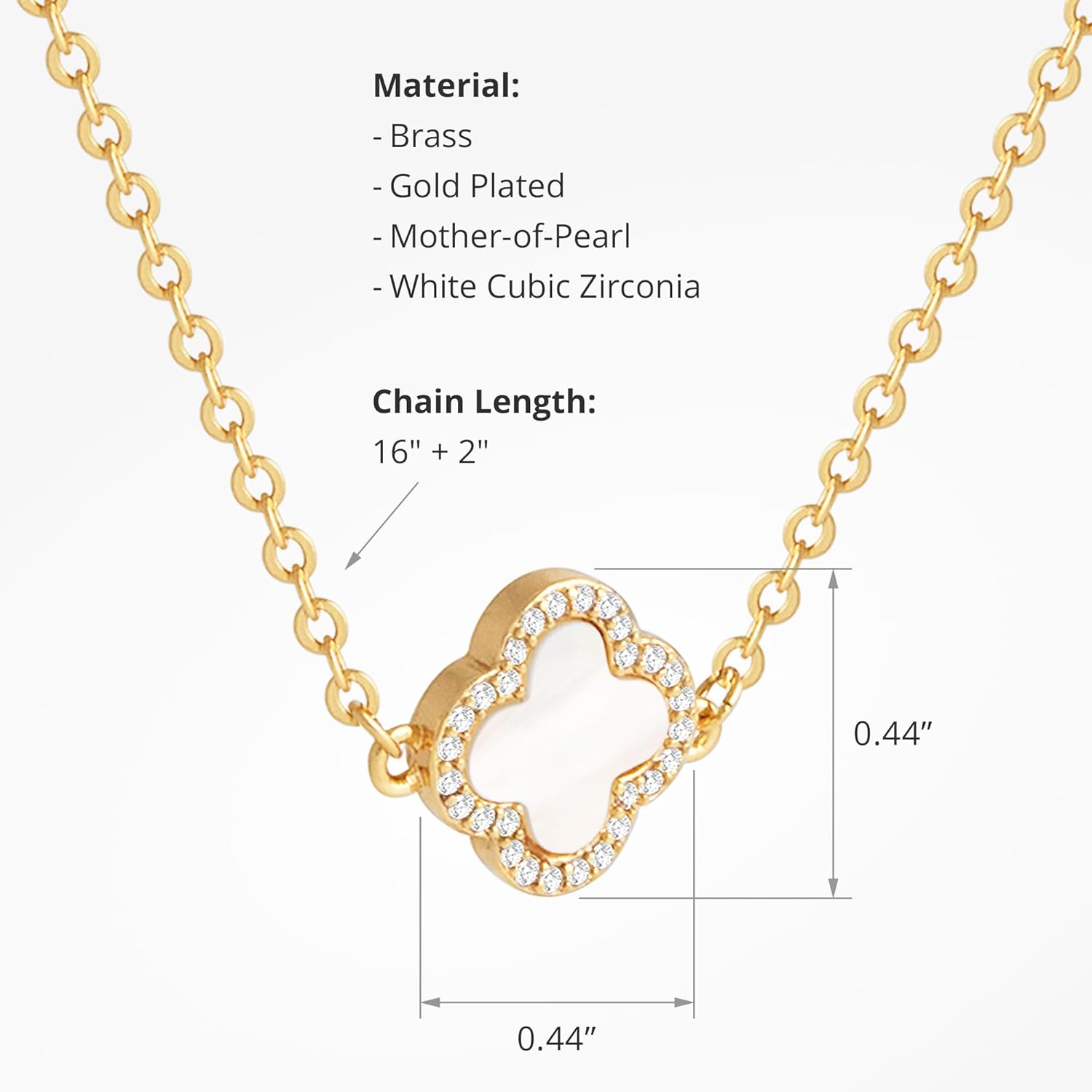 COBI Dainty 4 Leaf Clover Necklace,18K Gold Plated Mother of Pearl & Cubic Zirconia, 16" Chain with 2" Extender, Available in Single Pendant or Multi Station Styles - Image 2