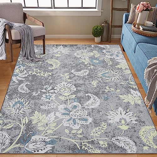 LuxFocus Floral Area Rug Foldable Machine Washable Area Rug Colorful Flower Carpet Non-Slip Vintage Area Rug Farmhouse Floral Rug for Kitchen Living Room Bedroom Dining Room, 120 x 170 cm Grey
