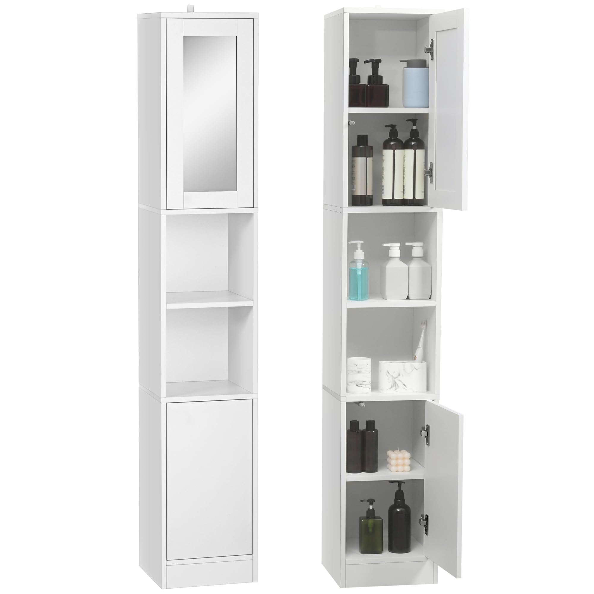 kleankin Colonna Bagno Salvaspazio con Specchio e Apertura a Pressione, Mobile da Bagno Multiuso in Legno, 30x28x170cm, Bianco