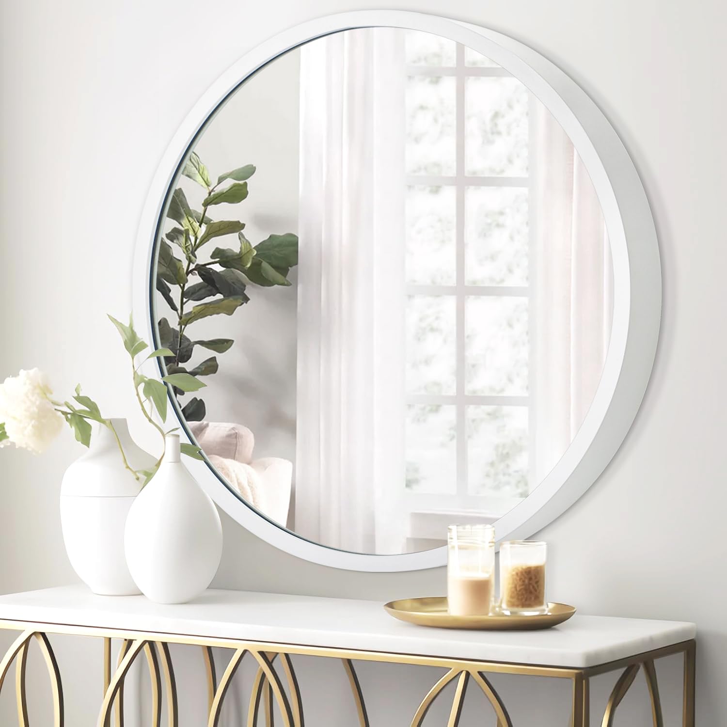 JJUUYOU Circle Wall Mirror 40CM Round Mirror for Bathroom White Farmhouse Mirrors Washroom Wall Mounted Metal Frame Mirrors for Living Room, Bedroom, Dorm