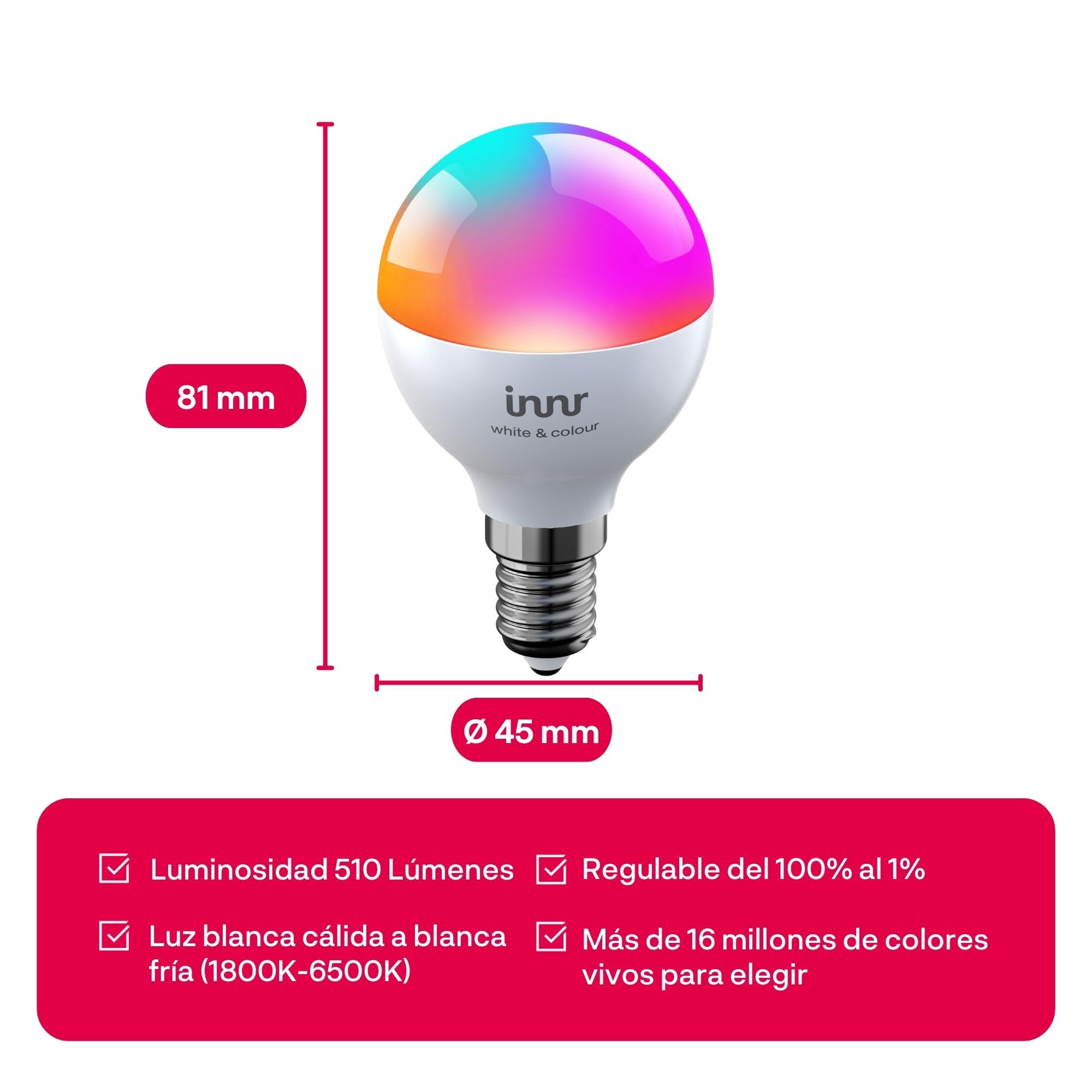 innr Bombilla Inteligente Zigbee E14, Funciona con Hue* y Alexa (requiere Puente), Bombilla LED Blanca y Colores, 16 Millones de Colores, Regulable, 510 lúmenes - 2 piezas